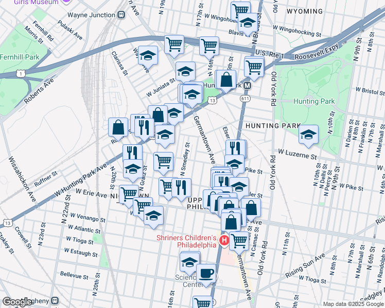 map of restaurants, bars, coffee shops, grocery stores, and more near 3916 North 16th Street in Philadelphia