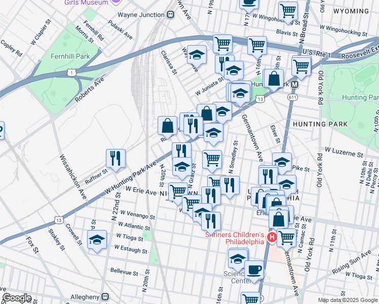 map of restaurants, bars, coffee shops, grocery stores, and more near 3863 North 19th Street in Philadelphia