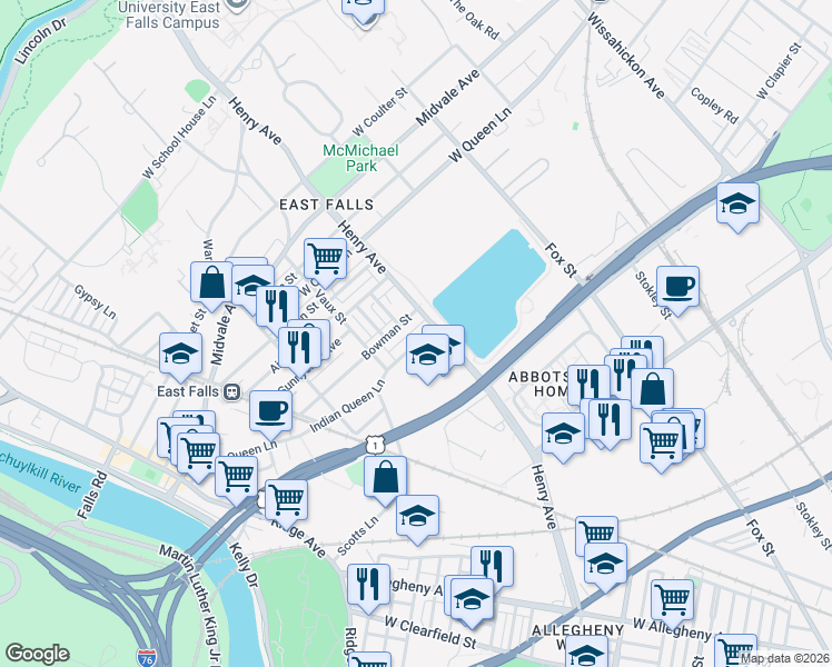 map of restaurants, bars, coffee shops, grocery stores, and more near 3300 Henry Avenue in Philadelphia