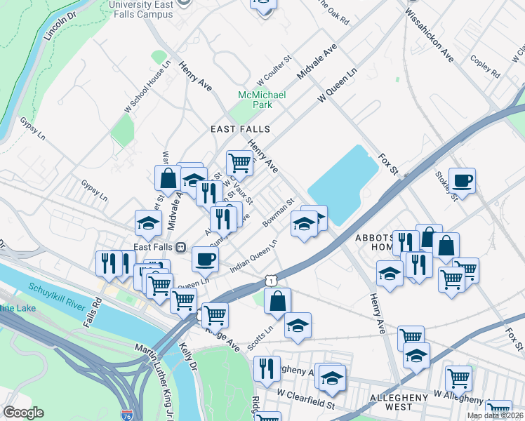 map of restaurants, bars, coffee shops, grocery stores, and more near 3423 Bowman Street in Philadelphia