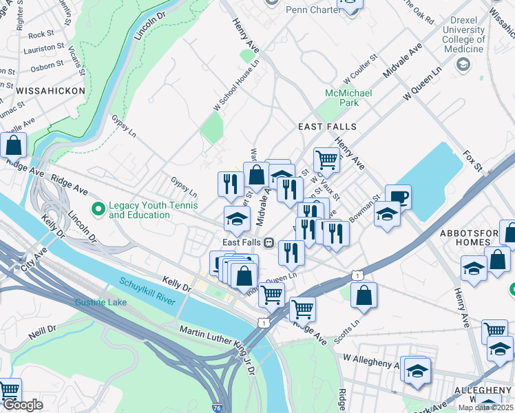 map of restaurants, bars, coffee shops, grocery stores, and more near 3529 New Queen Street in Philadelphia