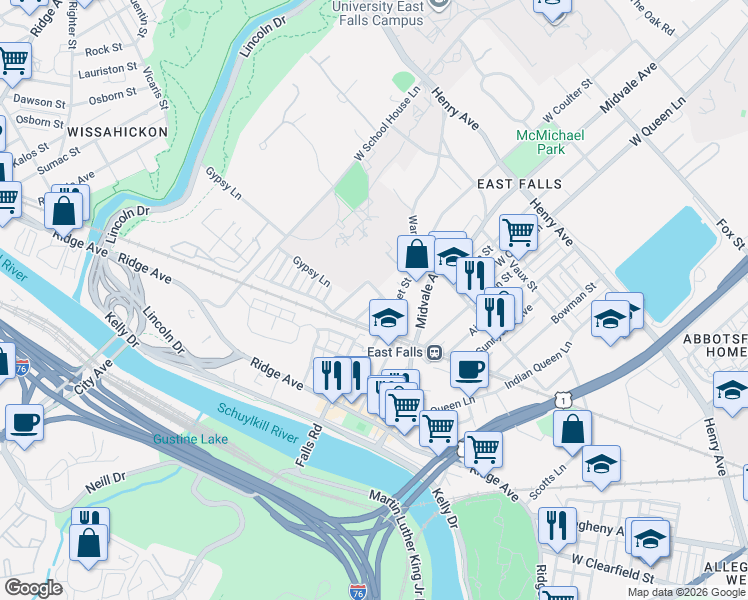 map of restaurants, bars, coffee shops, grocery stores, and more near 3439 Cresson Street in Philadelphia