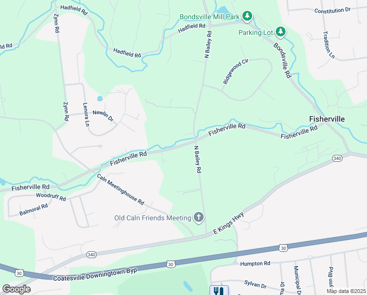 map of restaurants, bars, coffee shops, grocery stores, and more near 2910 Fisherville Road in Coatesville