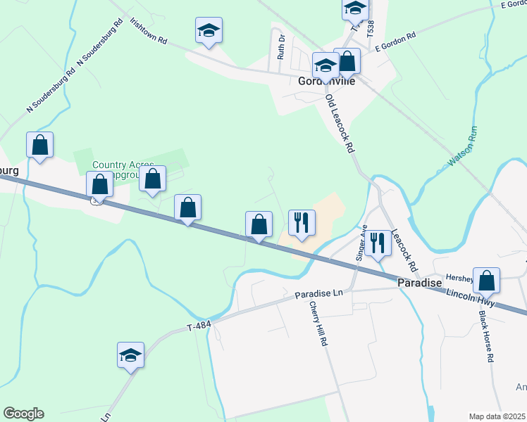 map of restaurants, bars, coffee shops, grocery stores, and more near 3037 Lincoln Highway East in Gordonville