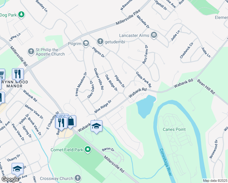map of restaurants, bars, coffee shops, grocery stores, and more near 64 Oak Ridge Drive in Lancaster