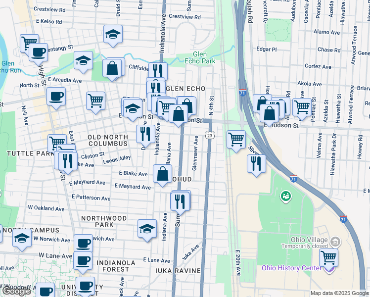 map of restaurants, bars, coffee shops, grocery stores, and more near in Columbus