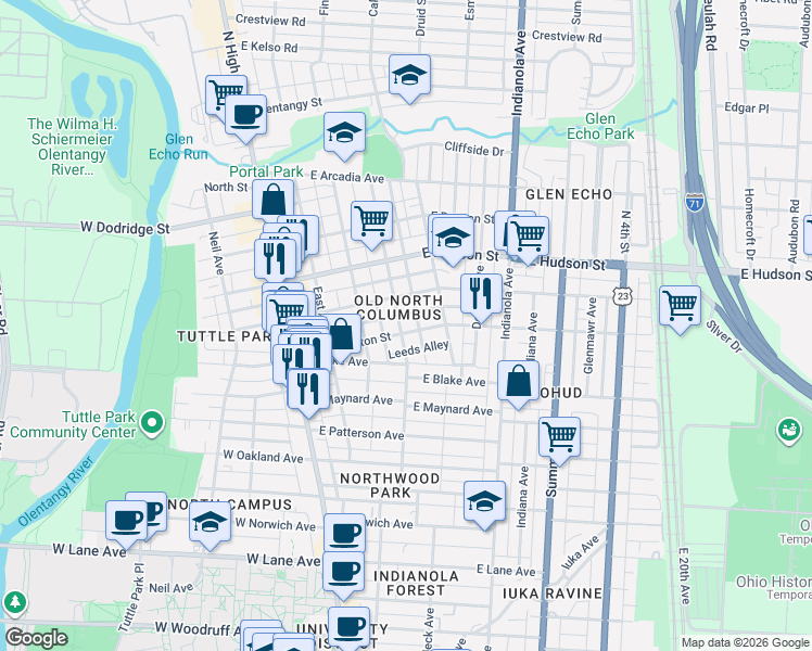 map of restaurants, bars, coffee shops, grocery stores, and more near 2433 Leeds Alley in Columbus