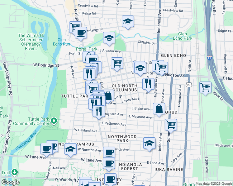 map of restaurants, bars, coffee shops, grocery stores, and more near 2433 Leeds Alley in Columbus