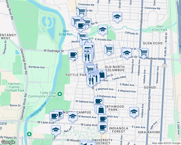 map of restaurants, bars, coffee shops, grocery stores, and more near 2463 North Wall Street in Columbus