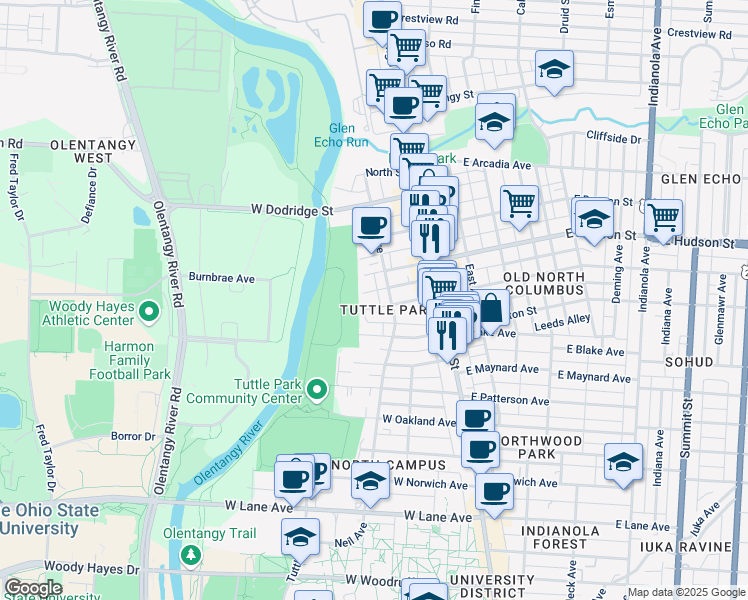 map of restaurants, bars, coffee shops, grocery stores, and more near 140 West Blake Avenue in Columbus