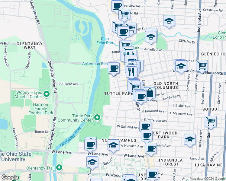 map of restaurants, bars, coffee shops, grocery stores, and more near 140 West Blake Avenue in Columbus