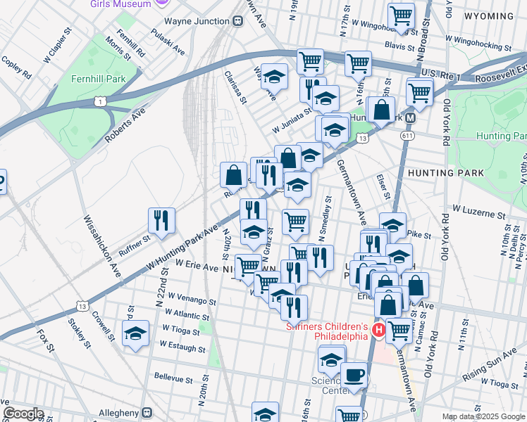 map of restaurants, bars, coffee shops, grocery stores, and more near 3863 North 19th Street in Philadelphia
