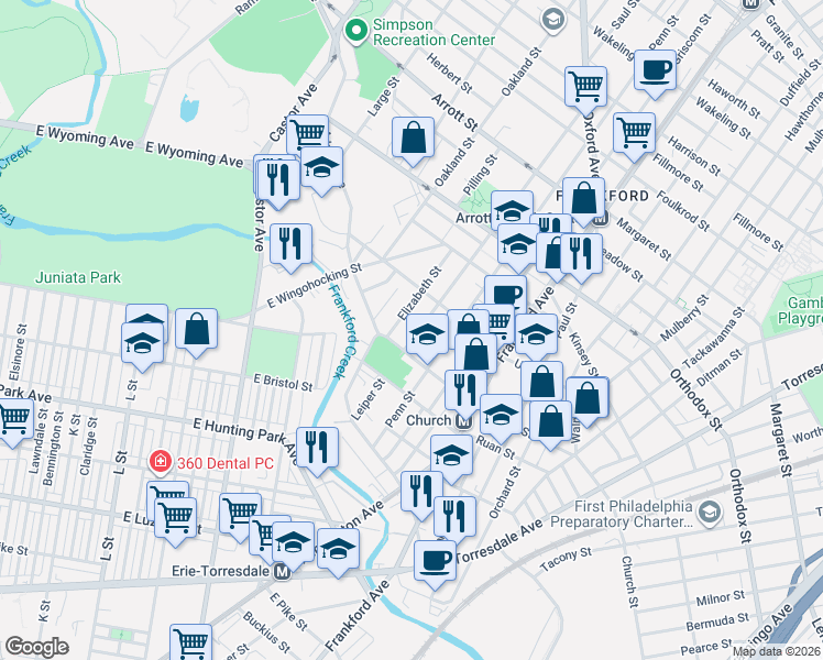 map of restaurants, bars, coffee shops, grocery stores, and more near 1400 Church Street in Philadelphia