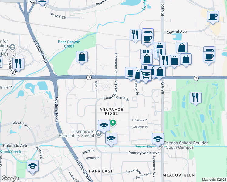 map of restaurants, bars, coffee shops, grocery stores, and more near 4980 Meredith Way in Boulder