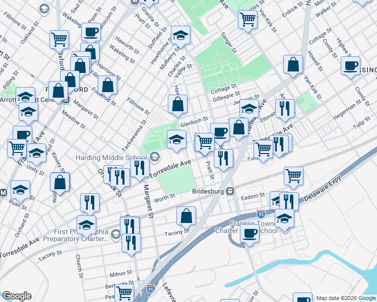 map of restaurants, bars, coffee shops, grocery stores, and more near in Philadelphia