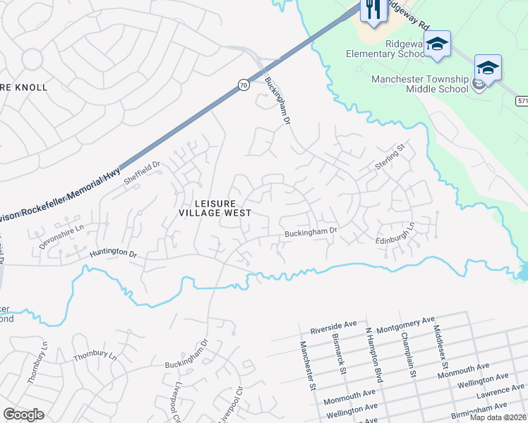 map of restaurants, bars, coffee shops, grocery stores, and more near 148A Buckingham Drive in Manchester Township