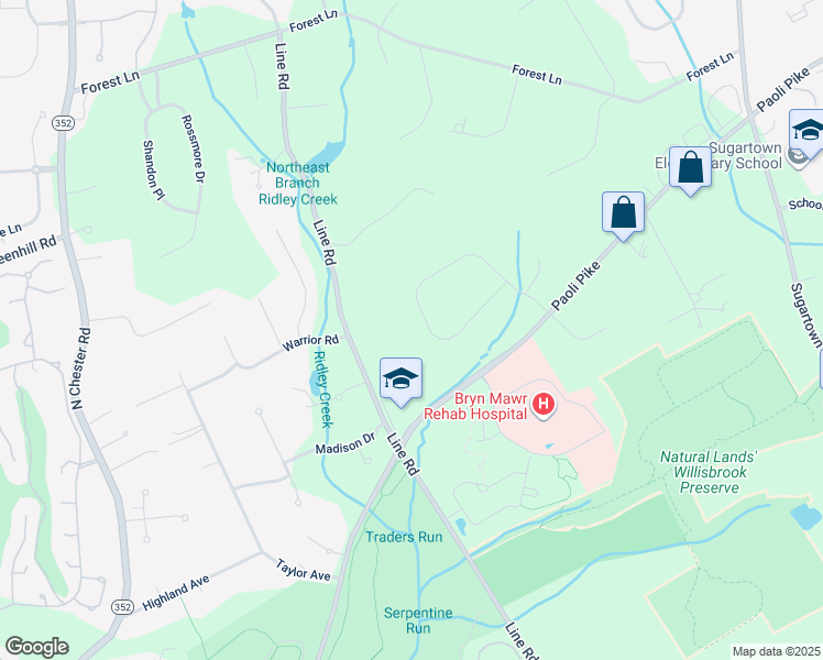 map of restaurants, bars, coffee shops, grocery stores, and more near 18 Fox Ridge Drive in Malvern