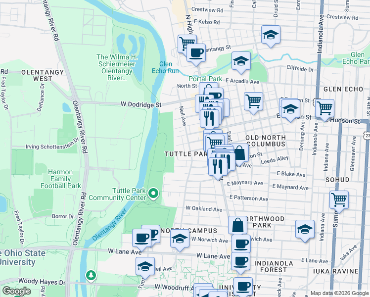 map of restaurants, bars, coffee shops, grocery stores, and more near 2478 Neil Avenue in Columbus