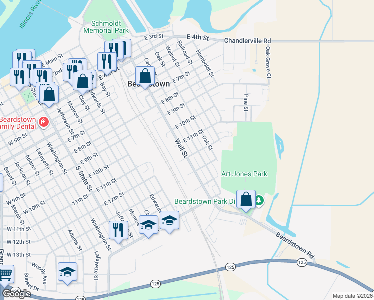 map of restaurants, bars, coffee shops, grocery stores, and more near 801-811 East 12th Street in Beardstown