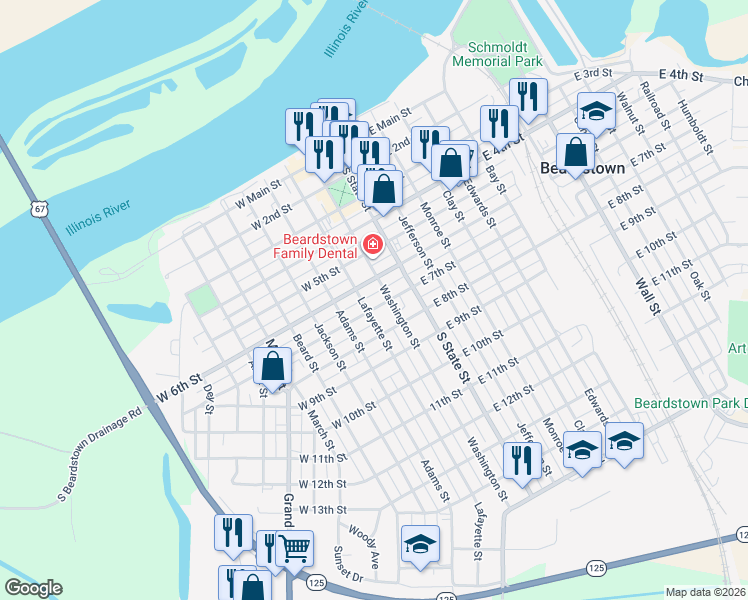 map of restaurants, bars, coffee shops, grocery stores, and more near 700-748 Lafayette St in Beardstown