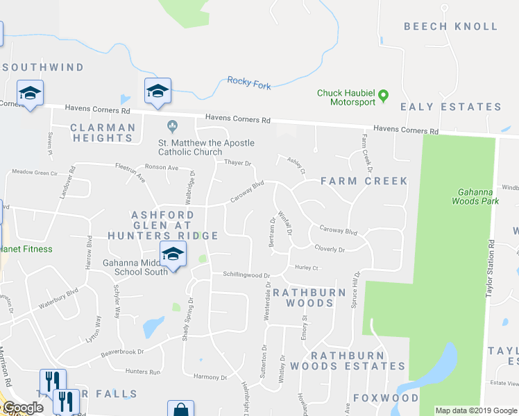 map of restaurants, bars, coffee shops, grocery stores, and more near 216 Buttonwood Court in Gahanna