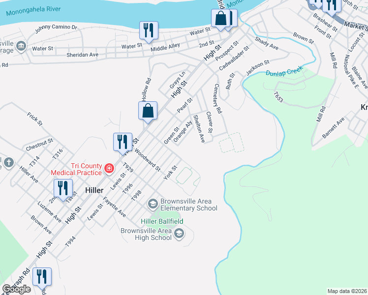 map of restaurants, bars, coffee shops, grocery stores, and more near 525 Howard St in Brownsville