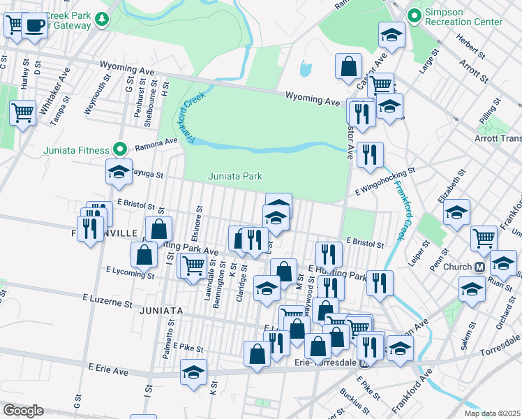 map of restaurants, bars, coffee shops, grocery stores, and more near 4322 Howland Street in Philadelphia