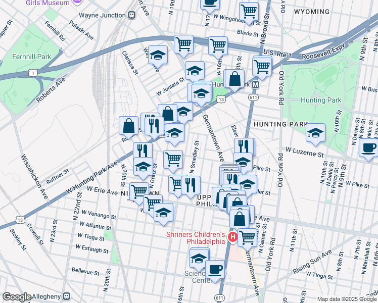 map of restaurants, bars, coffee shops, grocery stores, and more near 3911 North 17th Street in Philadelphia