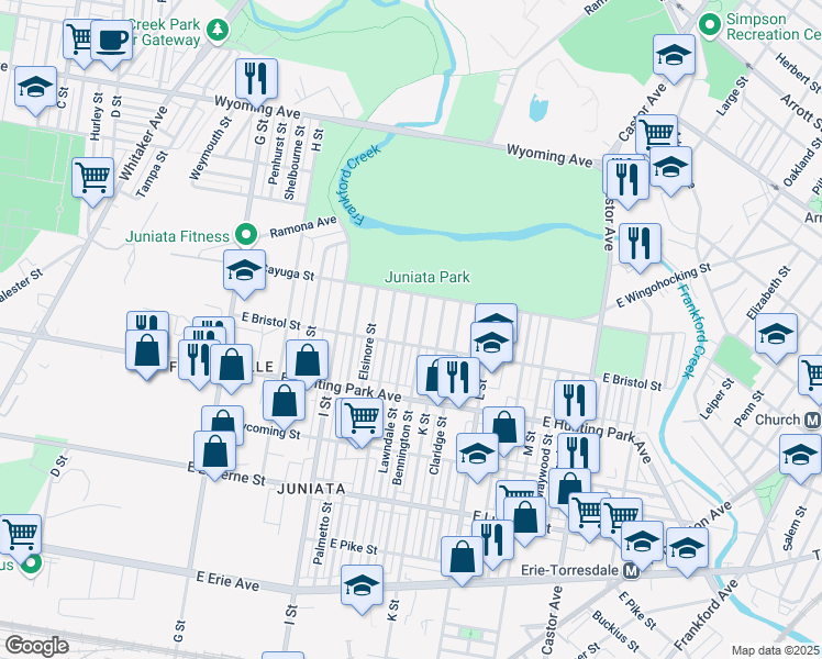 map of restaurants, bars, coffee shops, grocery stores, and more near 4313 Lawndale Street in Philadelphia