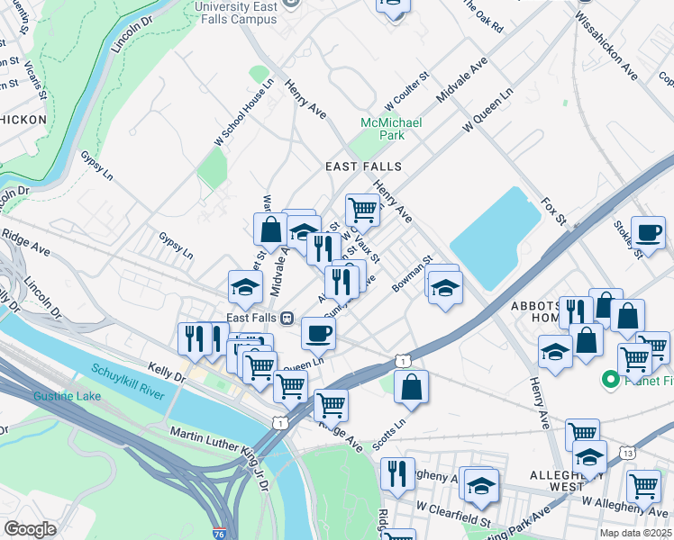 map of restaurants, bars, coffee shops, grocery stores, and more near 3464 Tilden Street in Philadelphia