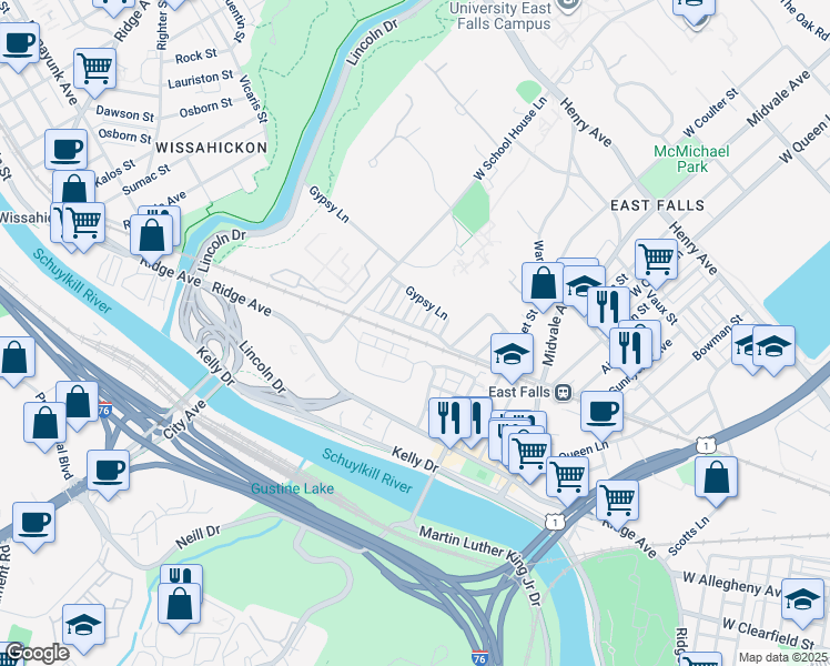 map of restaurants, bars, coffee shops, grocery stores, and more near 3534 Cresson Street in Philadelphia