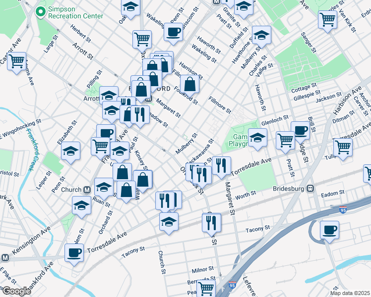 map of restaurants, bars, coffee shops, grocery stores, and more near 4633 Mulberry Street in Philadelphia