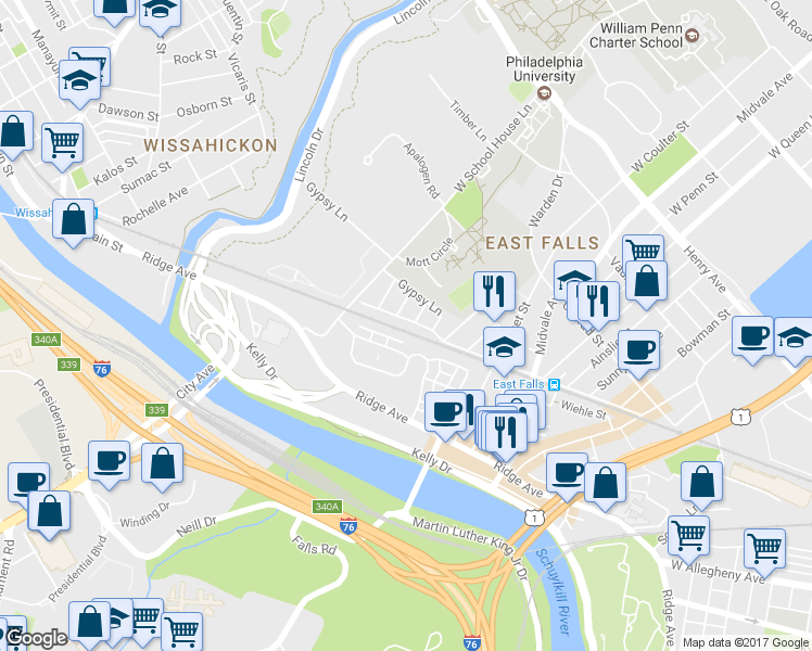 map of restaurants, bars, coffee shops, grocery stores, and more near 3538 Cresson Street in Philadelphia