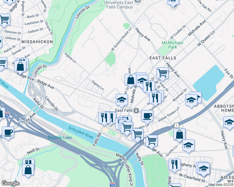 map of restaurants, bars, coffee shops, grocery stores, and more near 3439 Cresson Street in Philadelphia
