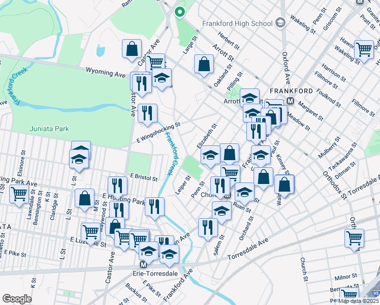 map of restaurants, bars, coffee shops, grocery stores, and more near 1317 Church Street in Philadelphia
