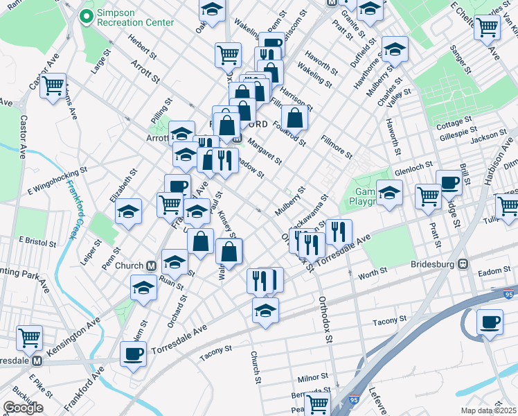 map of restaurants, bars, coffee shops, grocery stores, and more near 4615 Worrell Court in Philadelphia