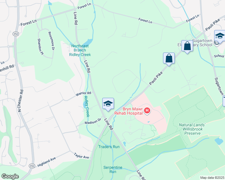 map of restaurants, bars, coffee shops, grocery stores, and more near 18 Fox Ridge Drive in Malvern