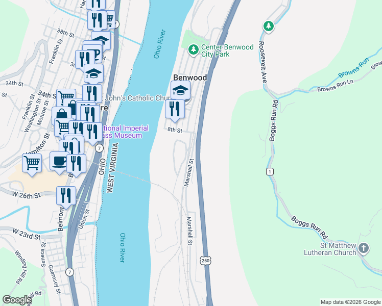 map of restaurants, bars, coffee shops, grocery stores, and more near 1135 Marshall St in Benwood