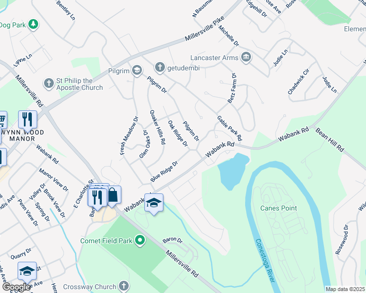 map of restaurants, bars, coffee shops, grocery stores, and more near 64 Oak Ridge Drive in Lancaster