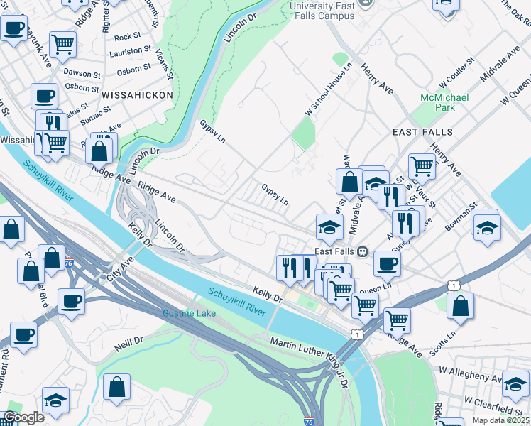 map of restaurants, bars, coffee shops, grocery stores, and more near 3538 Cresson Street in Philadelphia