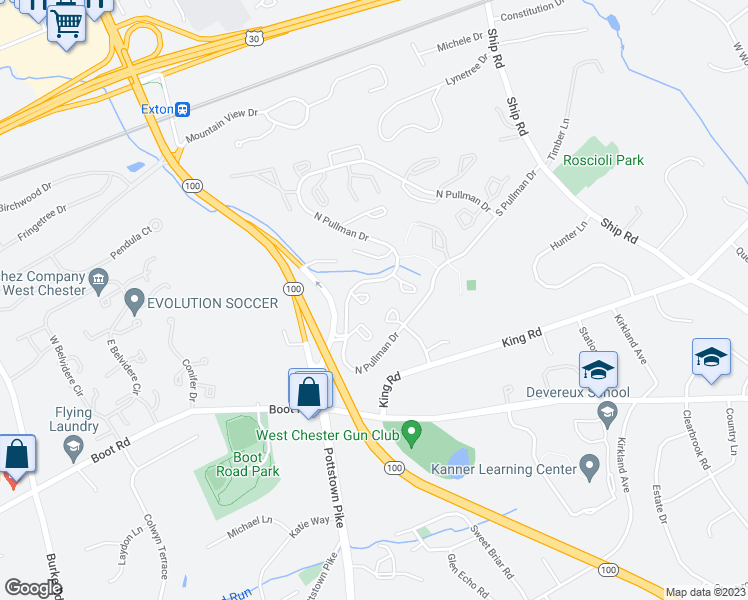 map of restaurants, bars, coffee shops, grocery stores, and more near 187 Stirling Court in West Chester