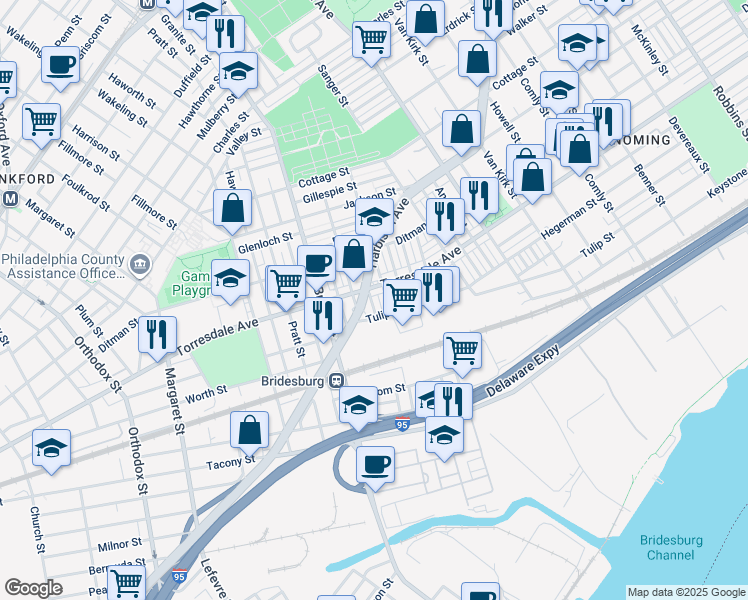 map of restaurants, bars, coffee shops, grocery stores, and more near 2115 Betts Street in Philadelphia
