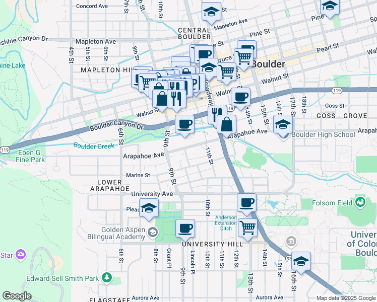 map of restaurants, bars, coffee shops, grocery stores, and more near 1001 Arapahoe Avenue in Boulder