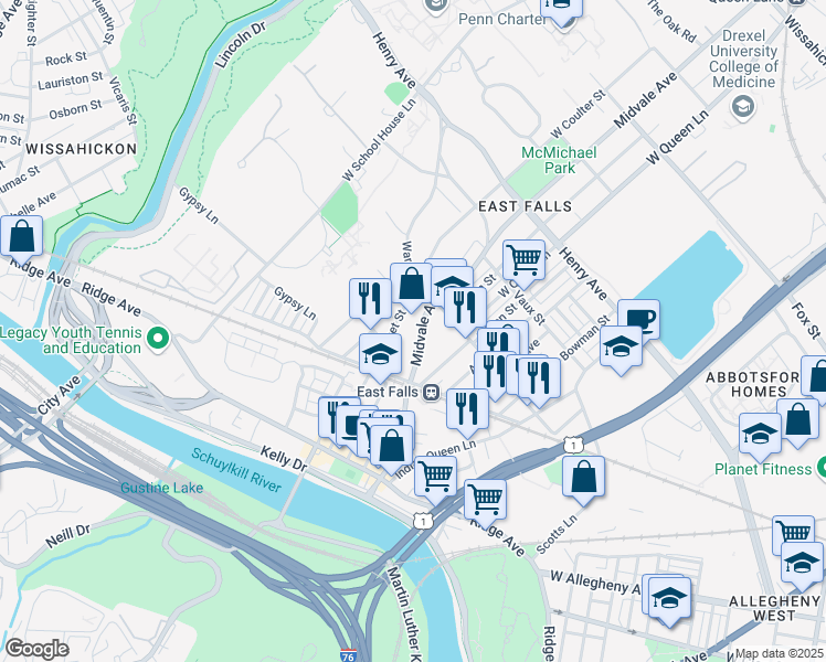 map of restaurants, bars, coffee shops, grocery stores, and more near in Philadelphia