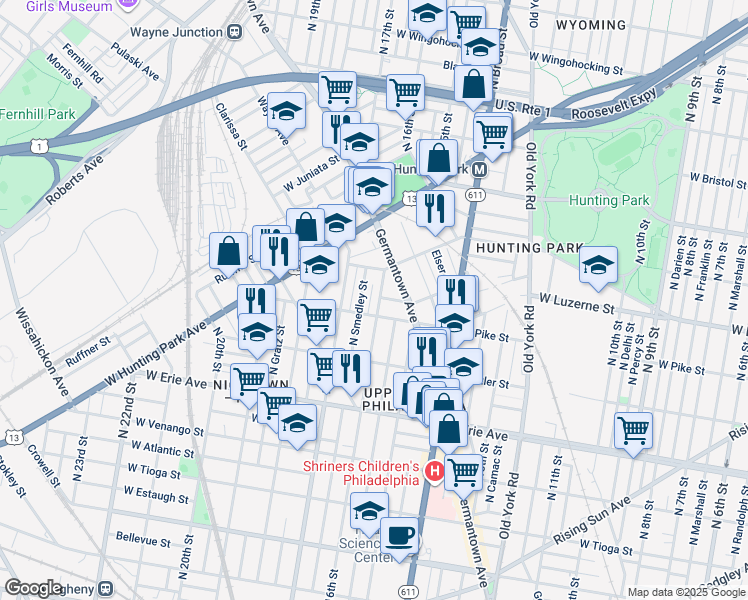 map of restaurants, bars, coffee shops, grocery stores, and more near 3920 North 16th Street in Philadelphia