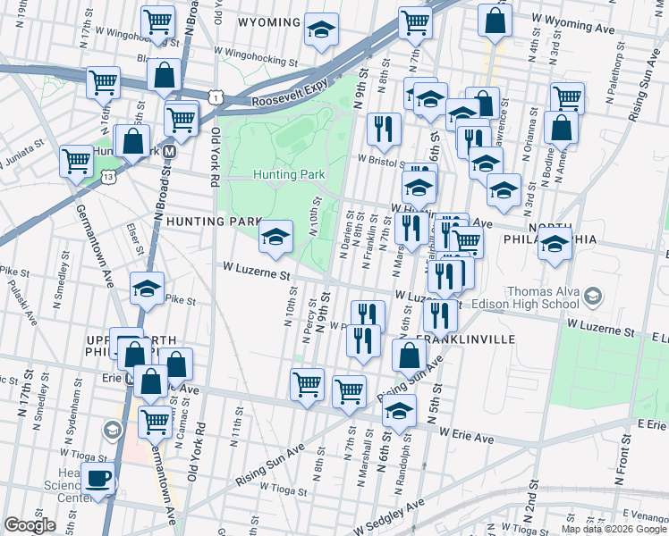 map of restaurants, bars, coffee shops, grocery stores, and more near 4052 North Darien Street in Philadelphia