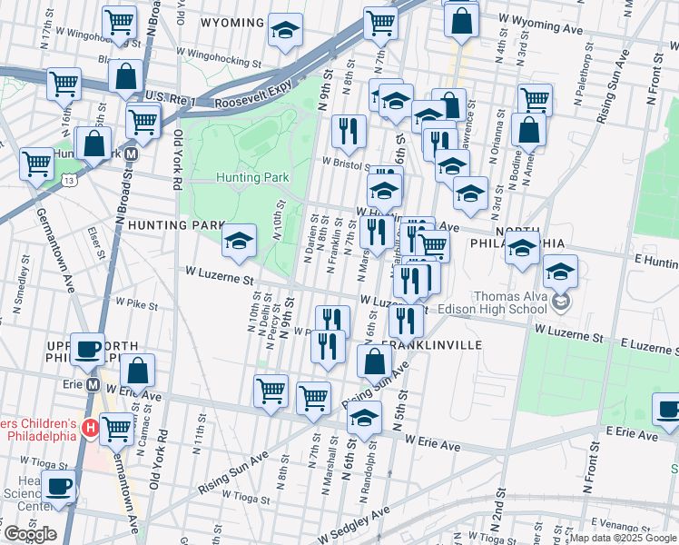 map of restaurants, bars, coffee shops, grocery stores, and more near 711 West Lycoming Street in Philadelphia