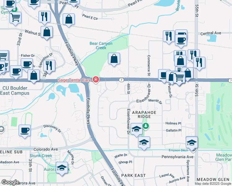 map of restaurants, bars, coffee shops, grocery stores, and more near 4592 Macarthur Drive in Boulder