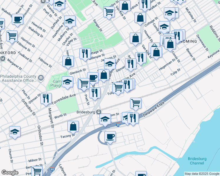 map of restaurants, bars, coffee shops, grocery stores, and more near 2115 Betts Street in Philadelphia