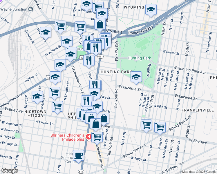 map of restaurants, bars, coffee shops, grocery stores, and more near 1303 McFerran St in Philadelphia